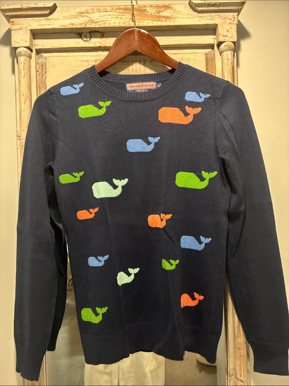 Vineyard Vines Navy Crewneck Sweater with Multicolor Whale Pattern